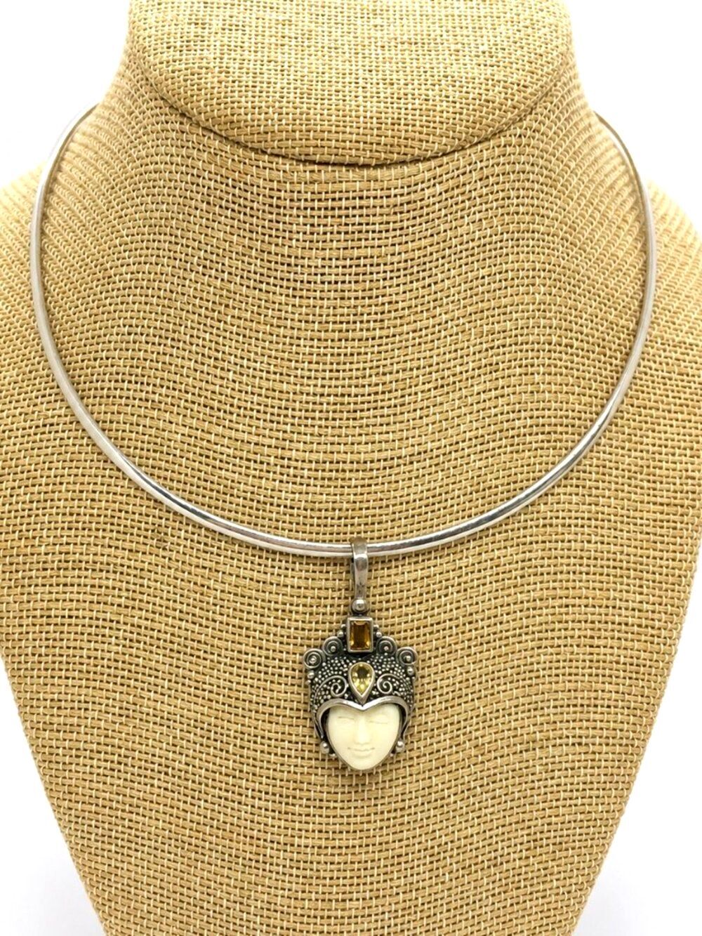 STERLING SILVER Necklace Torque Warrior Goddess Face Pendant Citrine 925 Collar